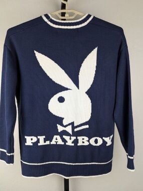 NWT oversized mMissguided Navy and White Playboy Logo Knit Sweater